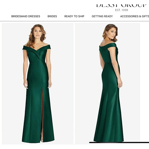 Alfred Sung Off The Shoulder Cuff Trumpet Gown W/Front Slit Hunter Green - Picture 1 of 13